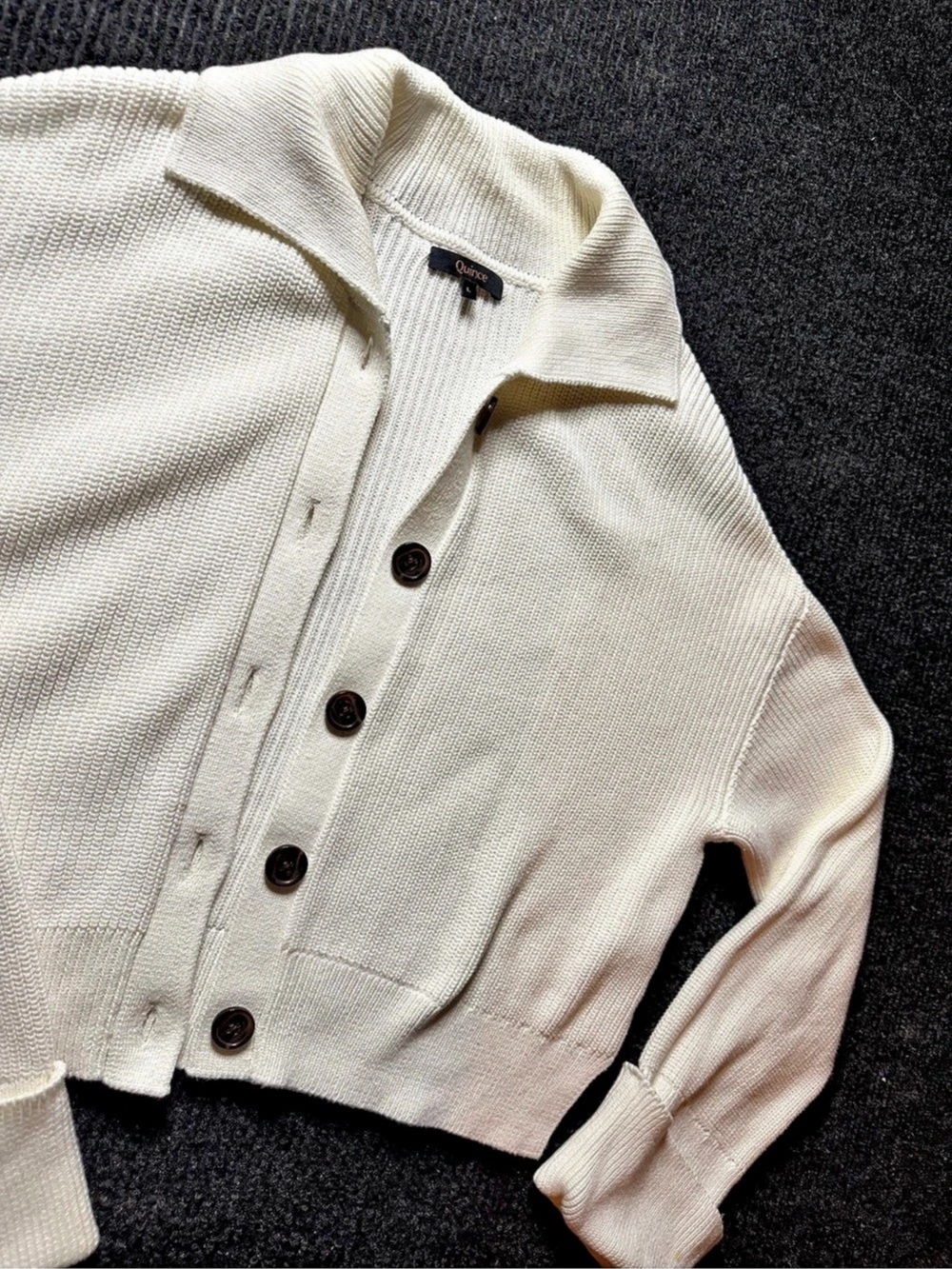 Quince 100% Organic Cotton Fisherman Collared Cardigan Ivory Cream L - Picture 2 of 5